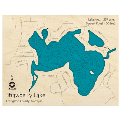 Bathymetric topo map of Strawberry Lake, MI with roads, towns and depths noted in blue water.