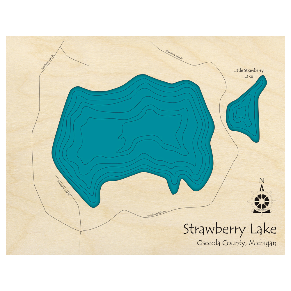 Bathymetric topo map of Strawberry Lake, MI with roads, towns and depths noted in blue water.