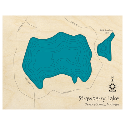 Bathymetric topo map of Strawberry Lake, MI with roads, towns and depths noted in blue water.