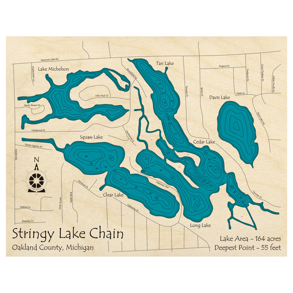 Bathymetric topo map of Stringy Lake Chain, MI with roads, towns and depths noted in blue water.