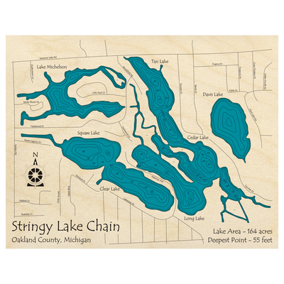 Bathymetric topo map of Stringy Lake Chain, MI with roads, towns and depths noted in blue water.