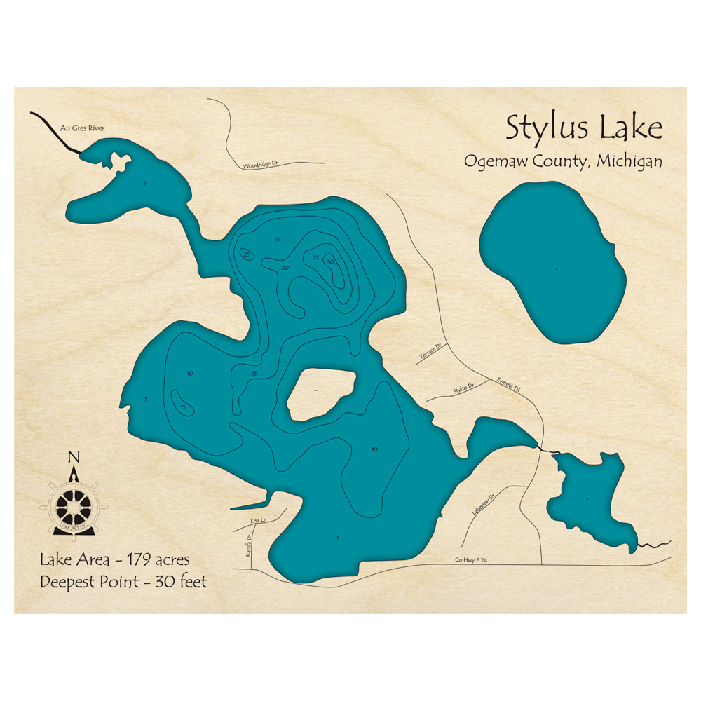 Bathymetric topo map of Stylus Lake, MI with roads, towns and depths noted in blue water.