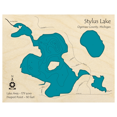 Bathymetric topo map of Stylus Lake, MI with roads, towns and depths noted in blue water.