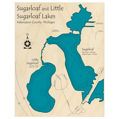 Bathymetric topo map of Sugarloaf Lake, MI with roads, towns and depths noted in blue water.