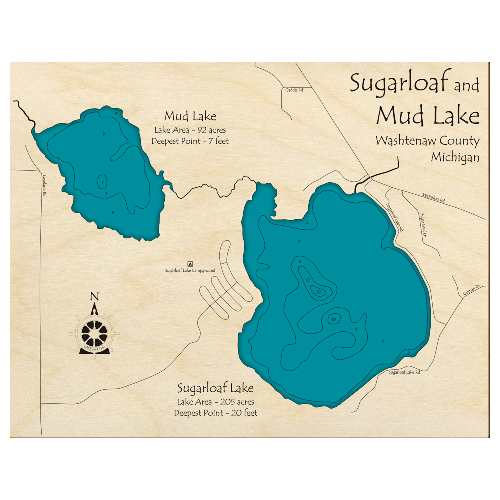 Bathymetric topo map of Sugarloaf Lake, MI with roads, towns and depths noted in blue water.