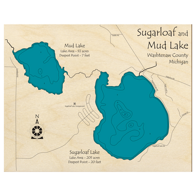 Bathymetric topo map of Sugarloaf Lake, MI with roads, towns and depths noted in blue water.