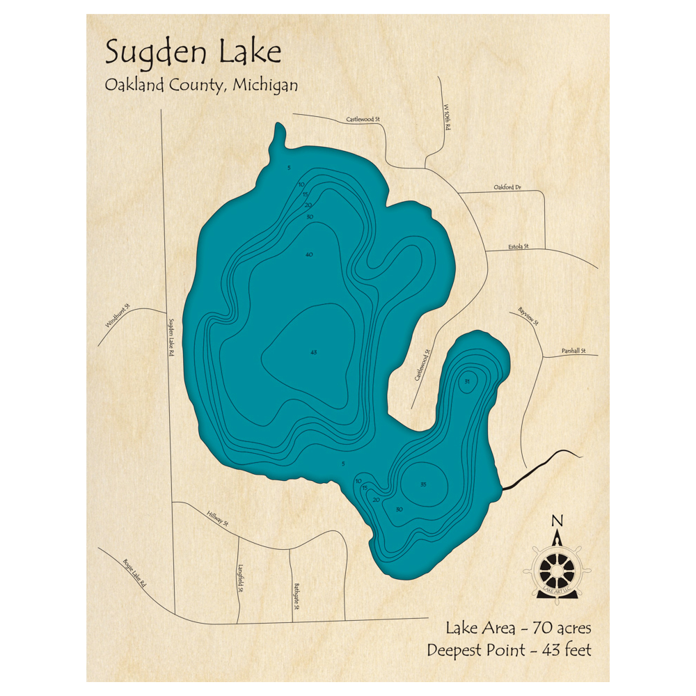 Bathymetric topo map of Sugden Lake, MI with roads, towns and depths noted in blue water.
