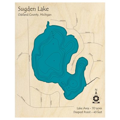 Bathymetric topo map of Sugden Lake, MI with roads, towns and depths noted in blue water.