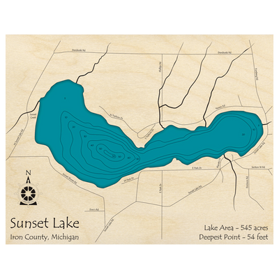 Bathymetric topo map of Sunset Lake, MI with roads, towns and depths noted in blue water.