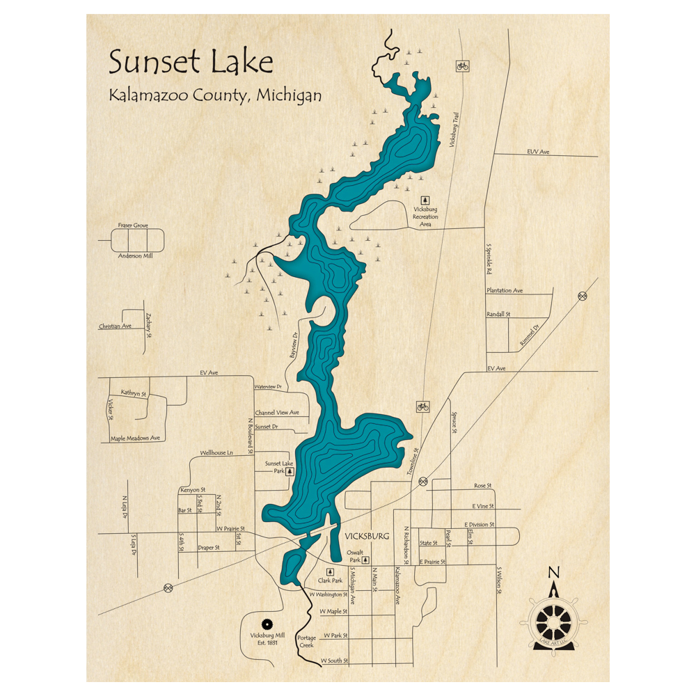 Bathymetric topo map of Sunset Lake, MI with roads, towns and depths noted in blue water.