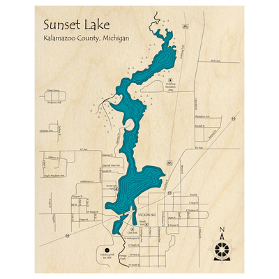 Bathymetric topo map of Sunset Lake, MI with roads, towns and depths noted in blue water.