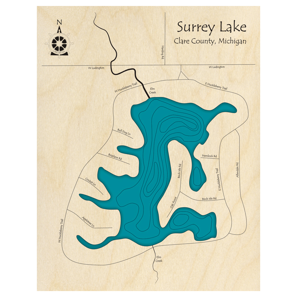 Bathymetric topo map of Surrey Lake, MI with roads, towns and depths noted in blue water.