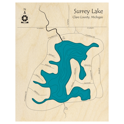 Bathymetric topo map of Surrey Lake, MI with roads, towns and depths noted in blue water.