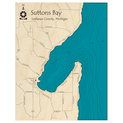 Bathymetric topo map of Suttons Bay, MI with roads, towns and depths noted in blue water.