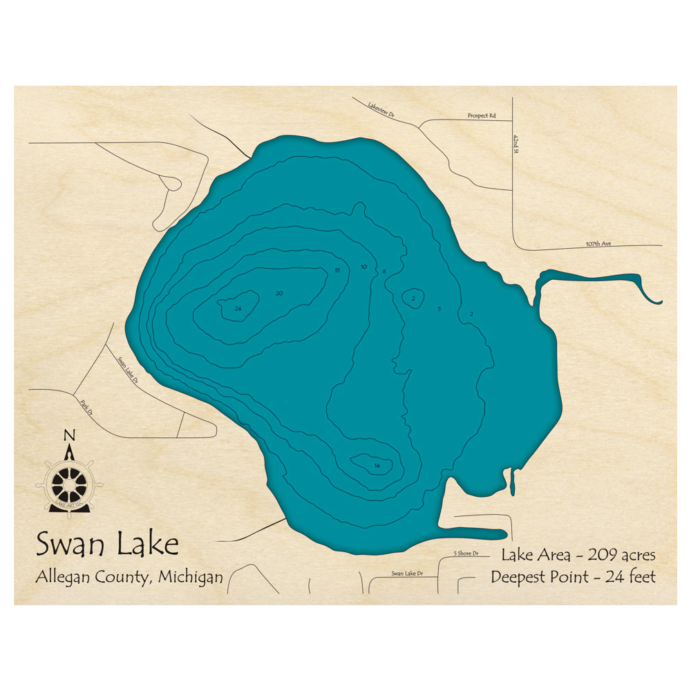 Bathymetric topo map of Swan Lake, MI with roads, towns and depths noted in blue water.
