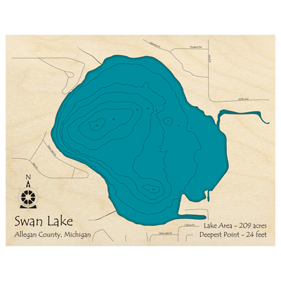 Bathymetric topo map of Swan Lake, MI with roads, towns and depths noted in blue water.