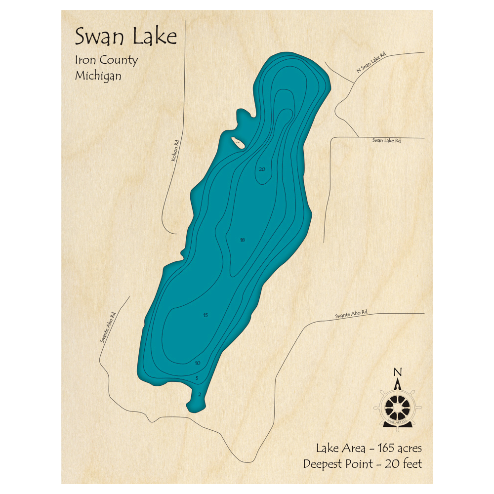 Bathymetric topo map of Swan Lake, MI with roads, towns and depths noted in blue water.