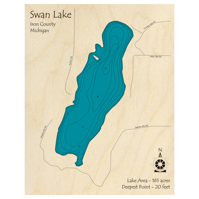 Bathymetric topo map of Swan Lake, MI with roads, towns and depths noted in blue water.