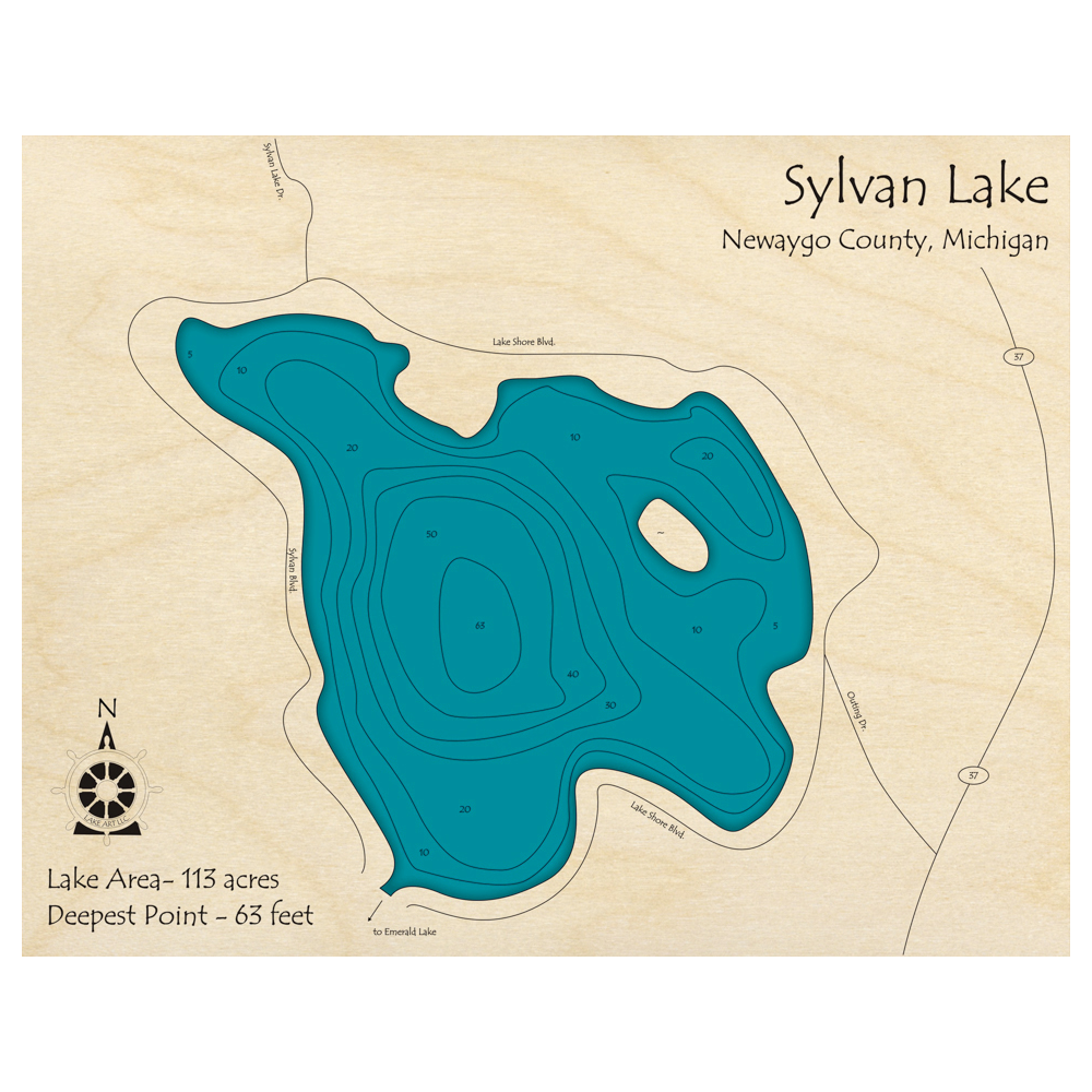 Bathymetric topo map of Sylvan Lake, MI with roads, towns and depths noted in blue water.