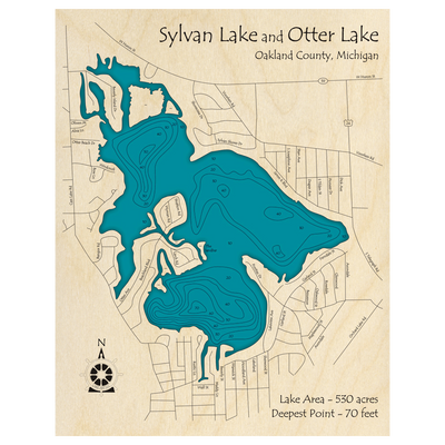 Bathymetric topo map of Otter Lake, MI with roads, towns and depths noted in blue water.