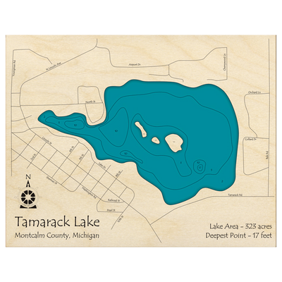 Bathymetric topo map of Tamarack Lake, MI with roads, towns and depths noted in blue water.