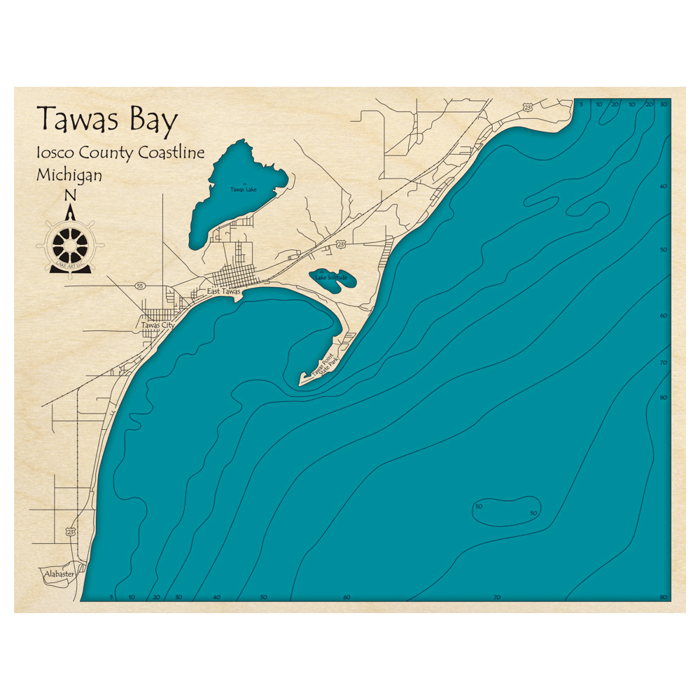 Bathymetric topo map of Tawas Bay, MI with roads, towns and depths noted in blue water.