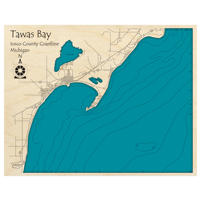 Bathymetric topo map of Tawas Bay, MI with roads, towns and depths noted in blue water.