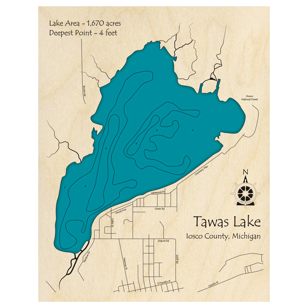Bathymetric topo map of Tawas Lake, MI with roads, towns and depths noted in blue water.