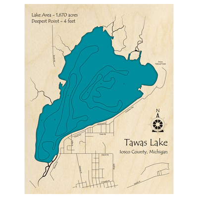 Bathymetric topo map of Tawas Lake, MI with roads, towns and depths noted in blue water.