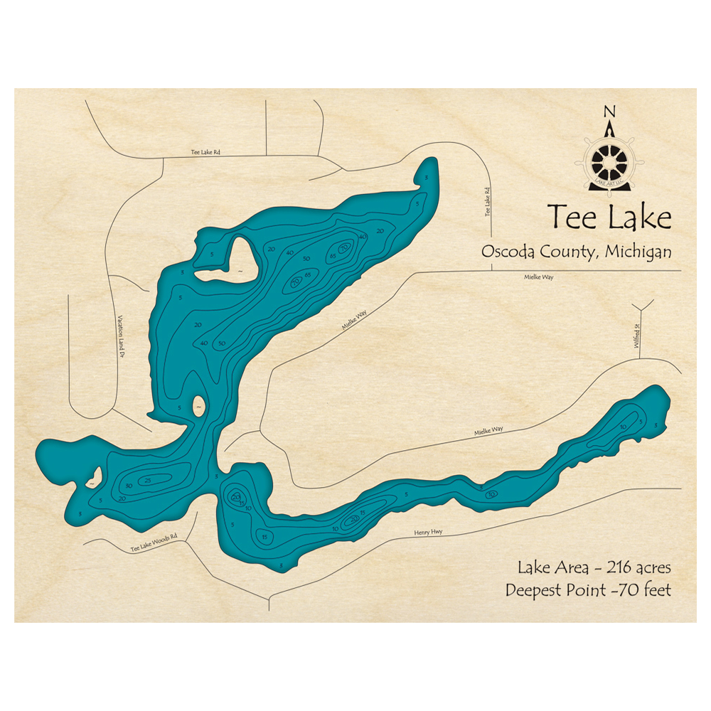 Bathymetric topo map of Tee Lake, MI with roads, towns and depths noted in blue water.