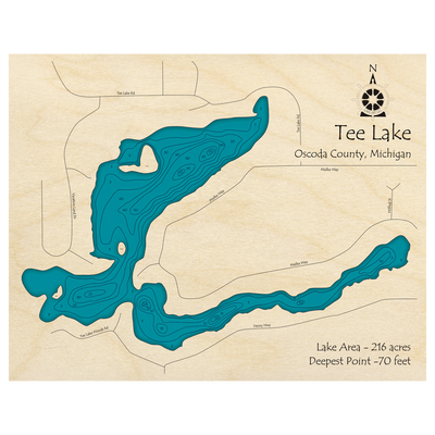 Bathymetric topo map of Tee Lake, MI with roads, towns and depths noted in blue water.