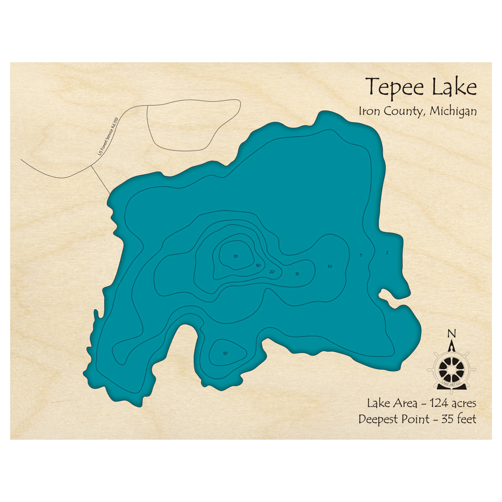Bathymetric topo map of Tepee Lake, MI with roads, towns and depths noted in blue water.