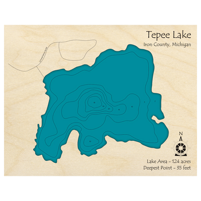 Bathymetric topo map of Tepee Lake, MI with roads, towns and depths noted in blue water.