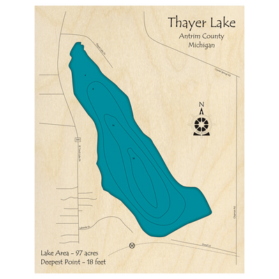 Bathymetric topo map of Thayer Lake, MI with roads, towns and depths noted in blue water.