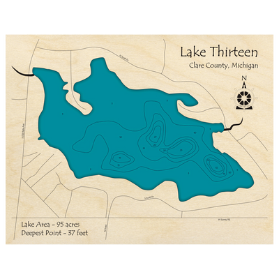 Bathymetric topo map of Lake Thirteen, MI with roads, towns and depths noted in blue water.