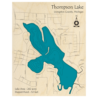 Bathymetric topo map of Thompson Lake, MI with roads, towns and depths noted in blue water.