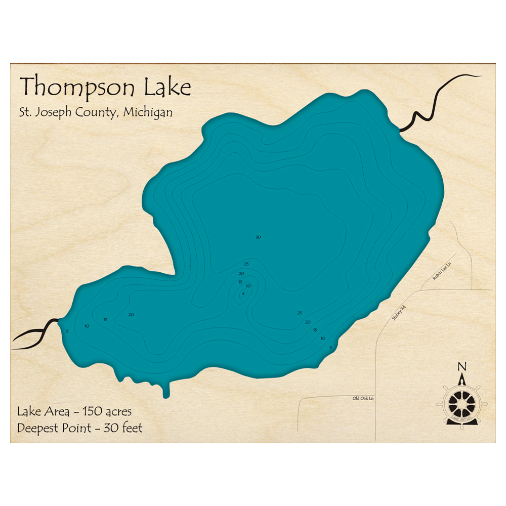 Bathymetric topo map of Thompson Lake, MI with roads, towns and depths noted in blue water.