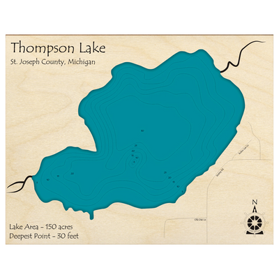 Bathymetric topo map of Thompson Lake, MI with roads, towns and depths noted in blue water.