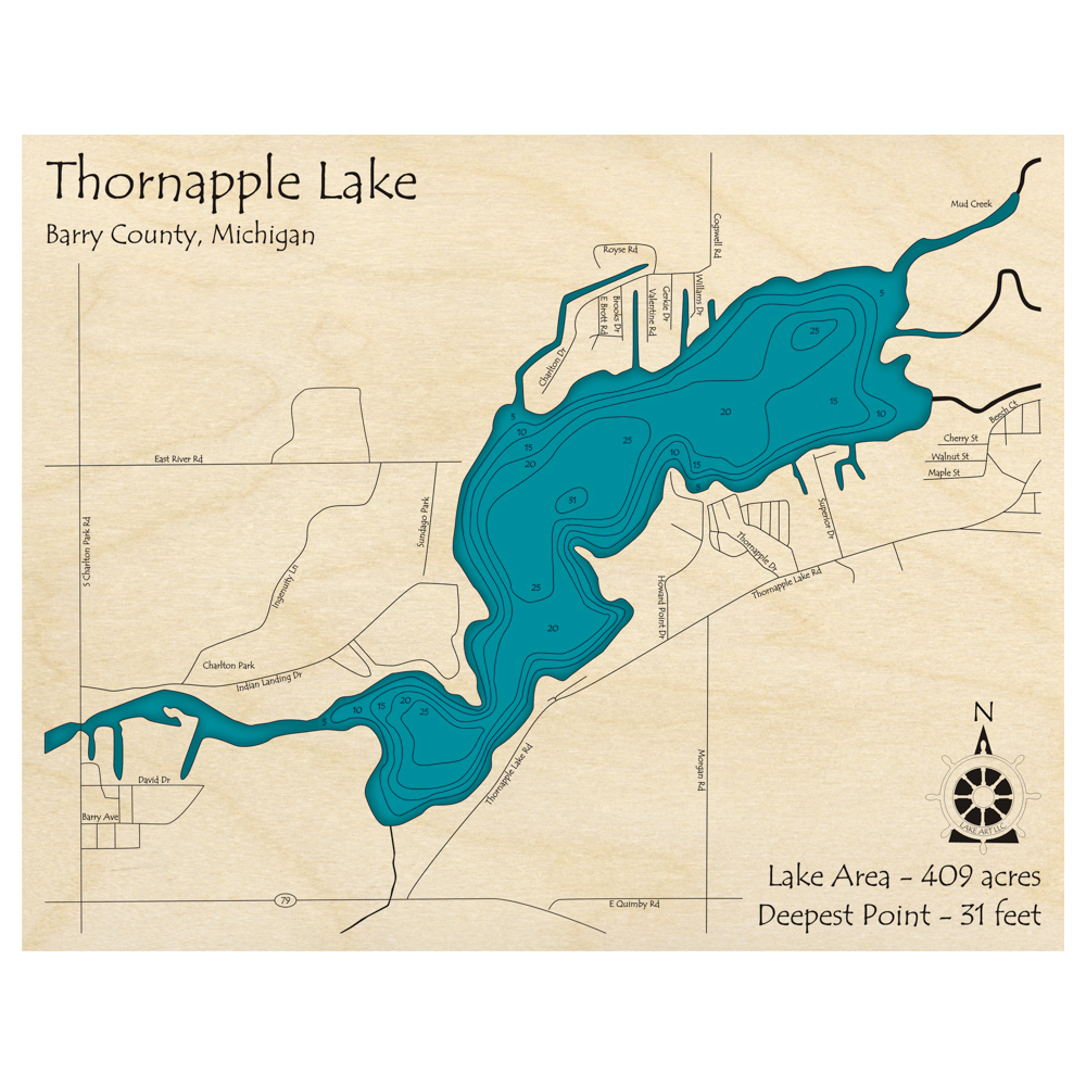 Bathymetric topo map of Thornapple Lake, MI with roads, towns and depths noted in blue water.
