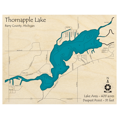Bathymetric topo map of Thornapple Lake, MI with roads, towns and depths noted in blue water.
