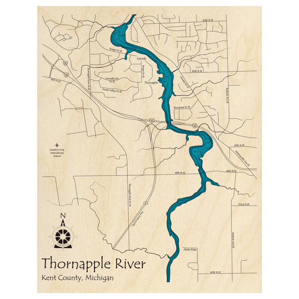 Bathymetric topo map of Thornapple River, MI with roads, towns and depths noted in blue water.