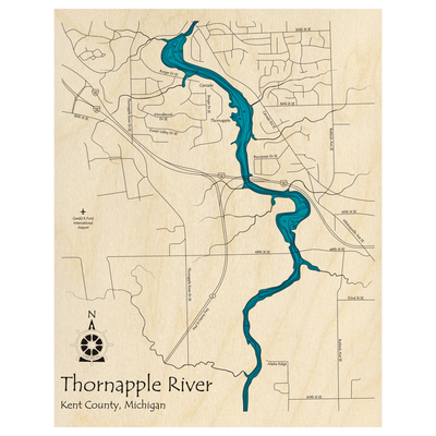 Bathymetric topo map of Thornapple River, MI with roads, towns and depths noted in blue water.