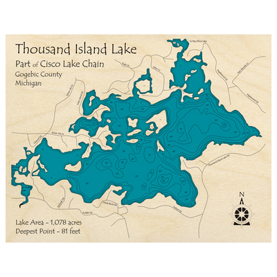 Bathymetric topo map of Thousand Island Lake, MI with roads, towns and depths noted in blue water.