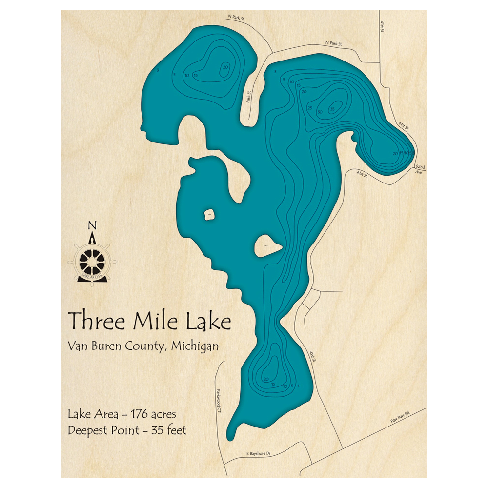Bathymetric topo map of Three Mile Lake, MI with roads, towns and depths noted in blue water.