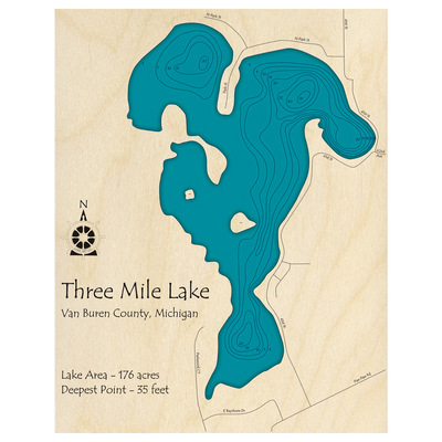 Bathymetric topo map of Three Mile Lake, MI with roads, towns and depths noted in blue water.