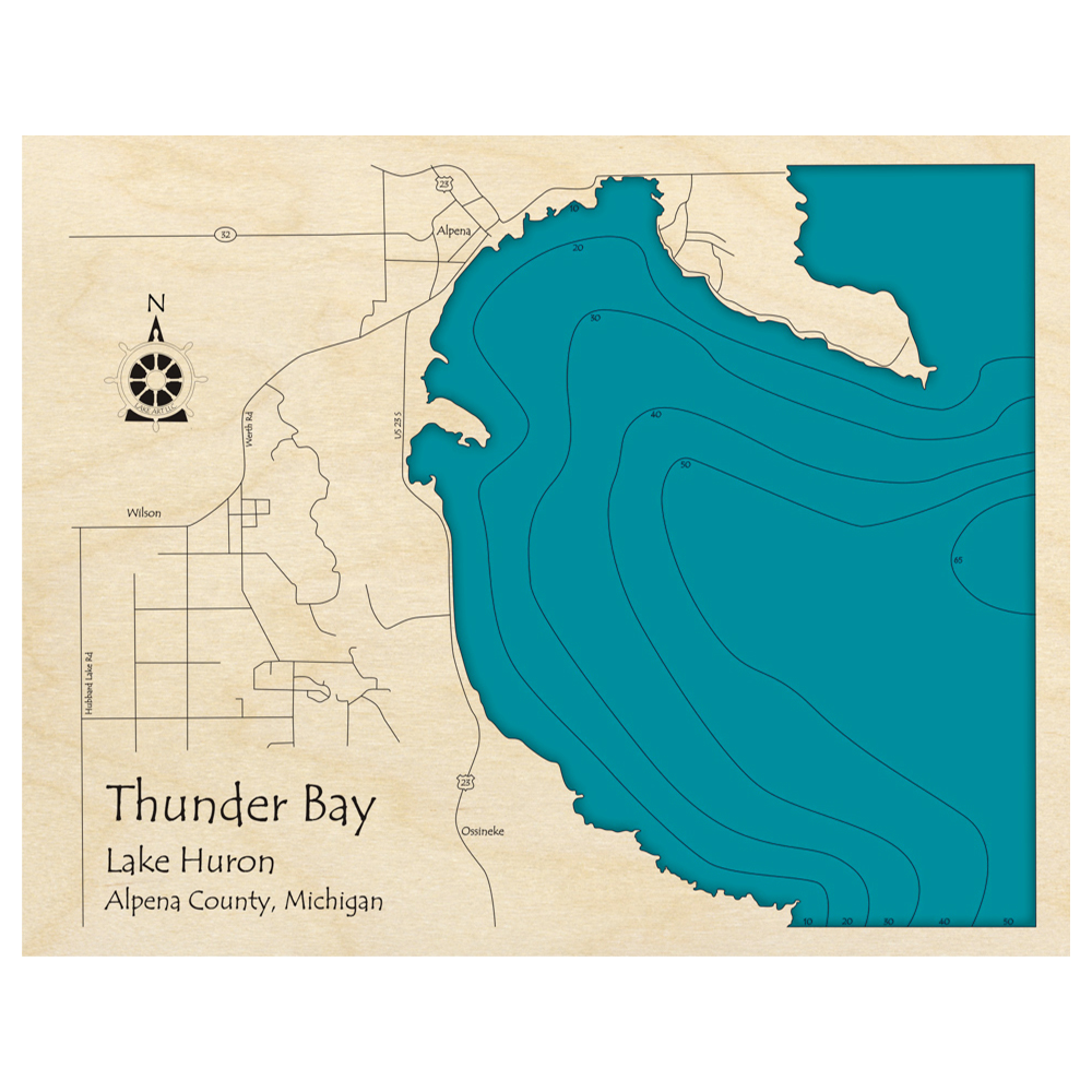 Bathymetric topo map of Thunder Bay, MI with roads, towns and depths noted in blue water.