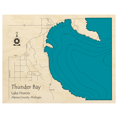 Bathymetric topo map of Thunder Bay, MI with roads, towns and depths noted in blue water.