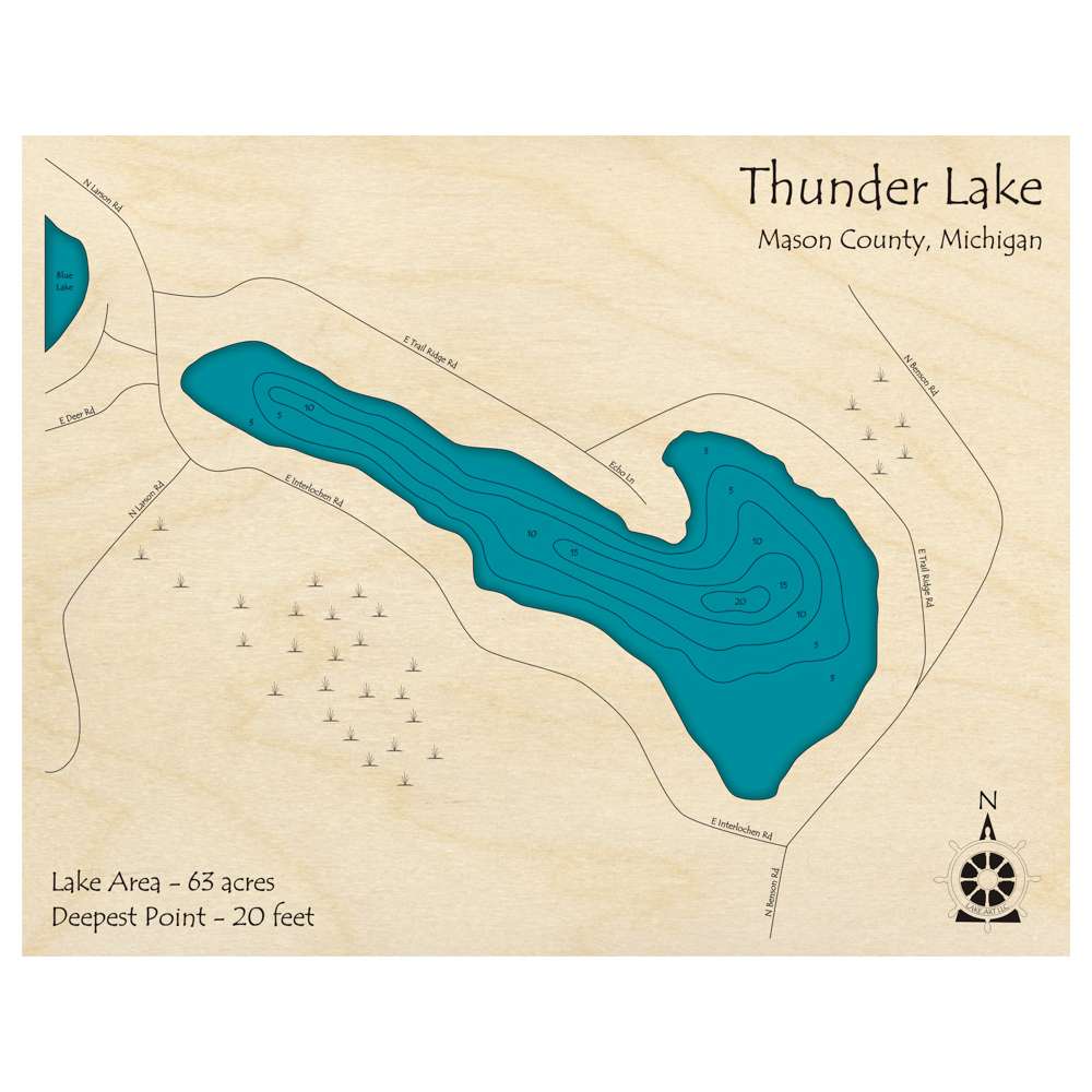 Bathymetric topo map of Thunder Lake, MI with roads, towns and depths noted in blue water.