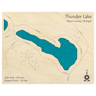 Bathymetric topo map of Thunder Lake, MI with roads, towns and depths noted in blue water.