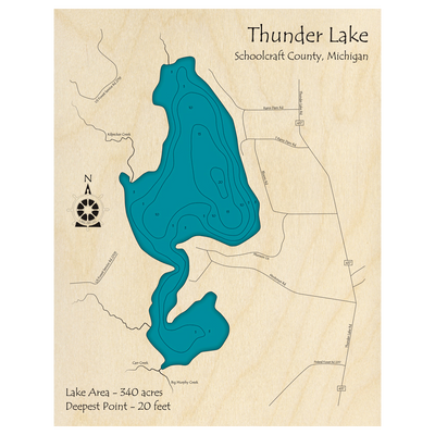 Bathymetric topo map of Thunder Lake, MI with roads, towns and depths noted in blue water.